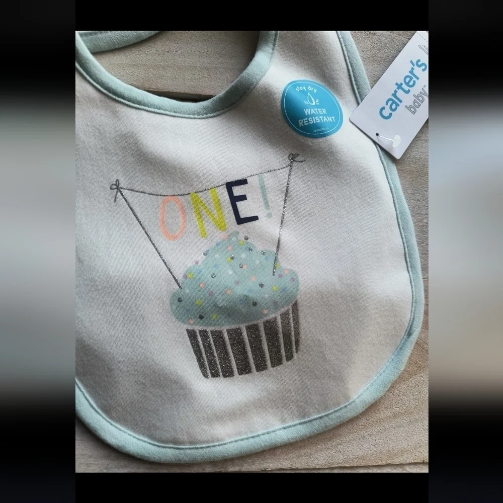 Carter's White and Blue Bib with Cupcake Design One Birthday